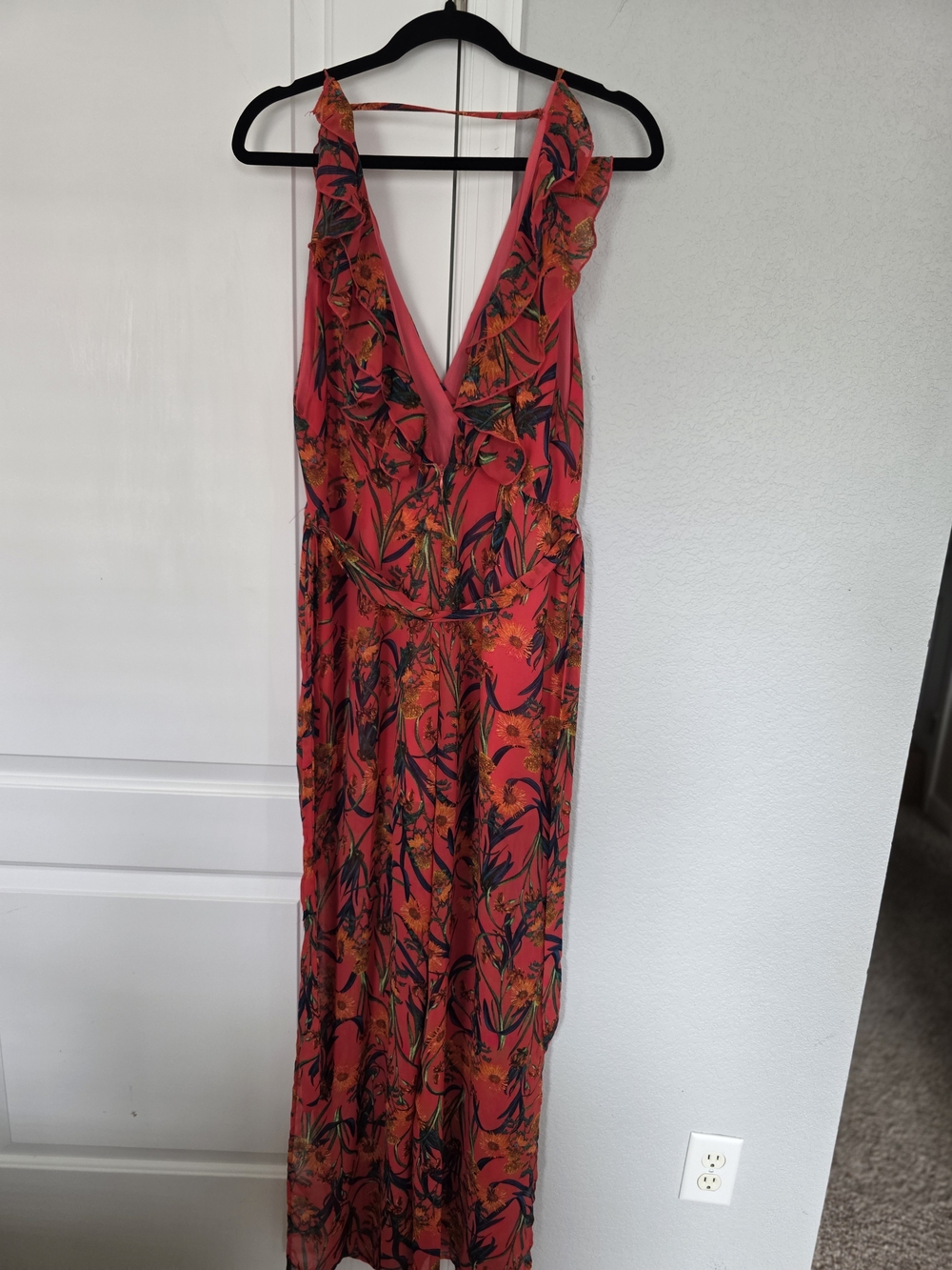 Fashion Nova Coral Pink Floral V-Neck Ruffle Jumpsuit